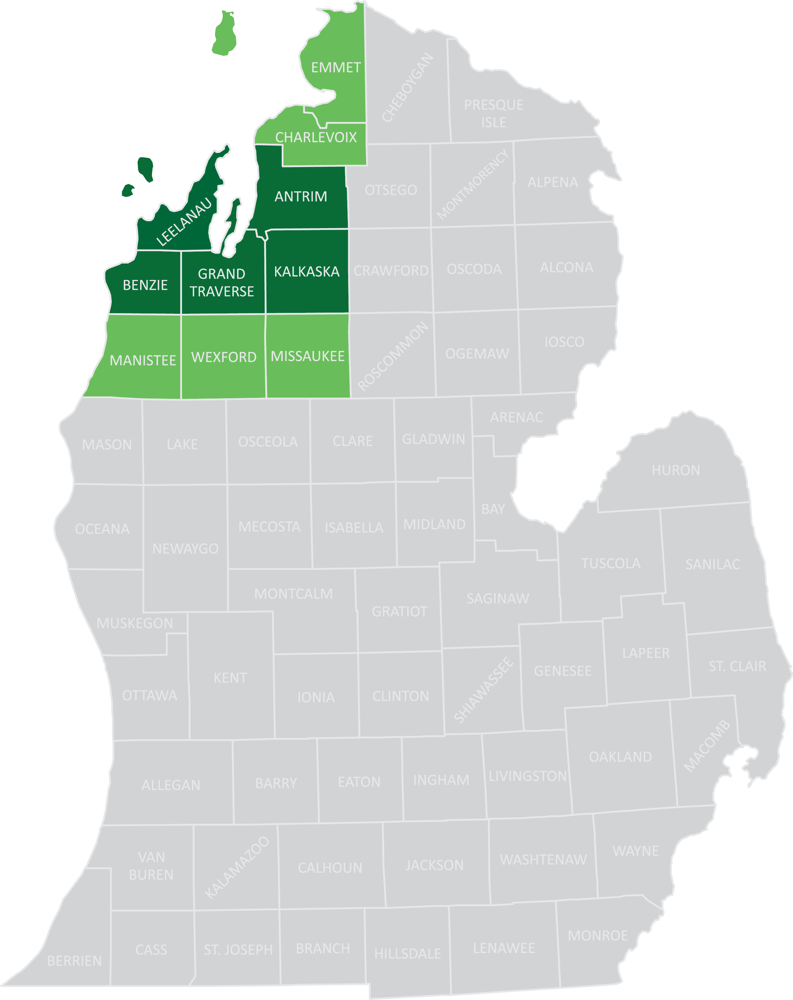 Antrim, Benzie, Grand Traverse, Kalkaska, and Leelanau Counties